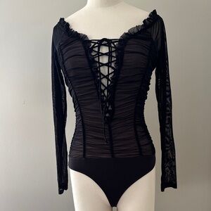 IRIS Black with Nude Underlay Sheer Bodysuit Lace Up Front Thong Sz S
